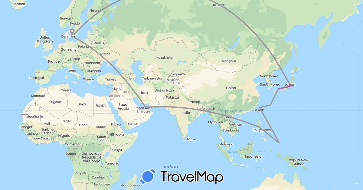 TravelMap itinerary: driving, plane, train in United Arab Emirates, Denmark, Japan, Philippines, Palau, Taiwan (Asia, Europe, Oceania)